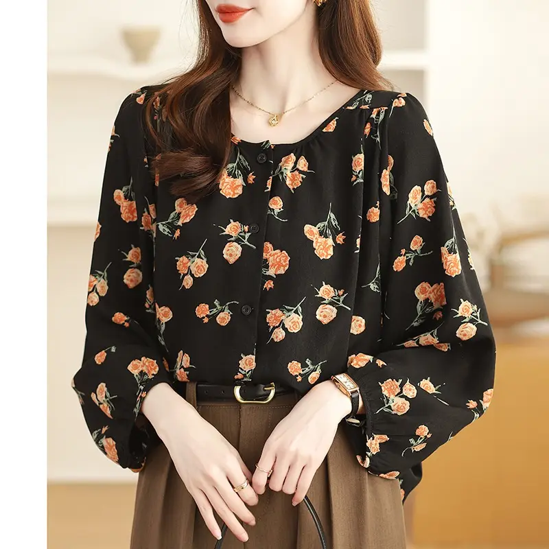Elegant Floral Print Chiffon Blouse for Women Long Sleeve Beautiful Top with Buttons Fashionable Elegant Shirt