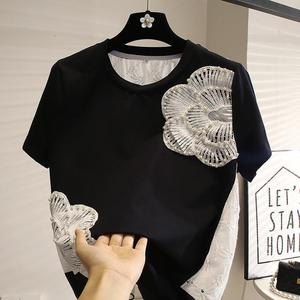 T-shirt da Donna Casual Versatile a Maniche Corte con Coulisse e Patchwork in <span class=keywords><strong>Pizzo</strong></span>, Nuova Collezione Estiva 2026 - Vendita all'Ingrosso per Boutique - Product Image 1