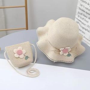 Chapeau de soleil en papyrus rayé de style coréen, sac bandoulière avec nœud papillon fleuri, mignon, respirant, pour enfants, voyage en plein air, pêche, quotidien - Product Image 2