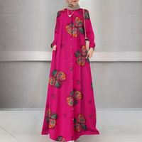 Femmes printemps nouveau coton et chanvre imprimé longue édition Abaya musulman grande taille ample décontracté rétro robe à manches longues