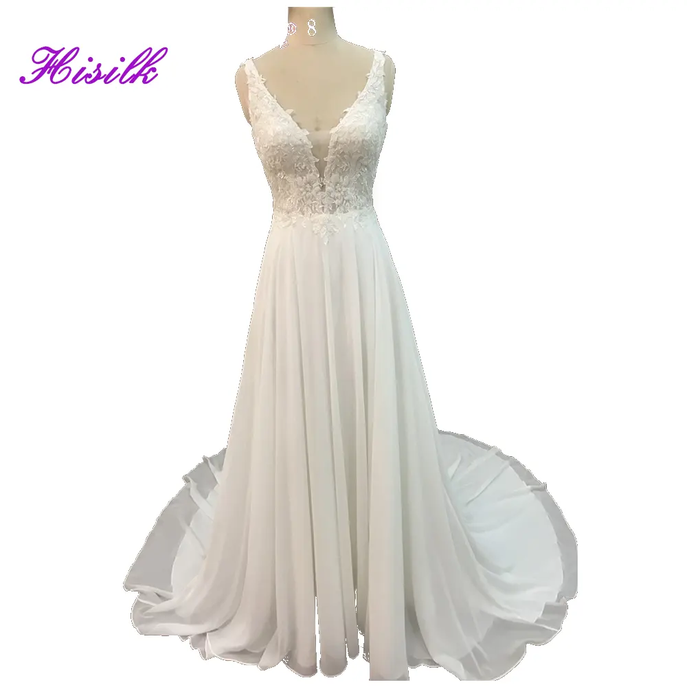 2023 China wholesale Beach Wedding Heavy Beading Chiffon backless wedding dress A Line bridal gown