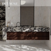 Meuble-lavabo Tostone en marbre Calacatta Viola poli couleur naturelle, en bois massif, au meilleur prix pour salles de bain modernes de villas et maisons