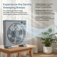 Ventilador de Caja de Alta Resistencia de 12 Pulgadas con Temporizador de 60 Minutos, Ventilador Eléctrico Giratorio de 360 Grados para el Hogar y la Tienda