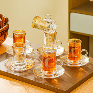 Gold Plated Glass <b>Tea</b> <b>Cup</b> <b>Set</b> With Saucers Cylinder Shape For Afternoon <b>Tea</b> Quanzhou Origin - Product Image 3