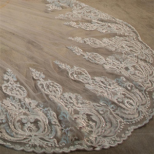 लक्जरी शादी की ब्राइडल वील्स लंबे फीके किनारे फूल एपलिक घूंघट कैथेड्रल की लंबाई - Product Image 6