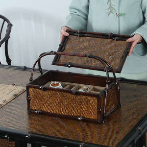 Handmade Bamboo Woven Tea Box Rectangle 38x25cm Lacquered <b>Storage</b> <b>Basket</b> Living Room Use - Product Image 2