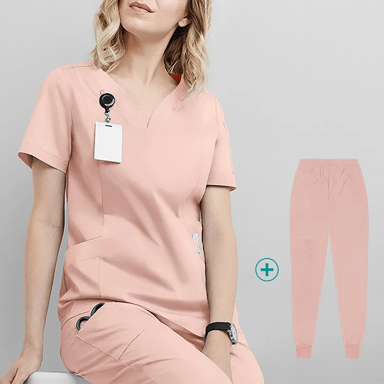 New Healthcare Tunic Spa Tunic Salon Uniforms Pink Medical Customized Nurse Scrubs Set With Logo Zipper Straigh Pant