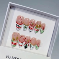Faux ongles à presser faits main de style français, frais et clairs, multicolores, avec motifs floraux gravés effet givré, perles dorées et étamines florales