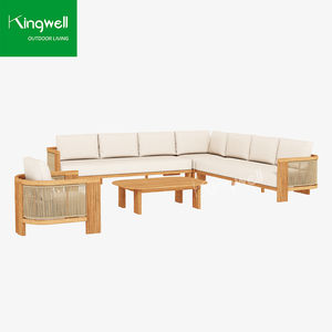Conjunto de Sofás de Madera de Teca Modernos y Duraderos para Exteriores, Resistentes al Agua y a la Intemperie, Sofás Combinados en Forma de L de 6 Plazas para Patio - Product Image 4