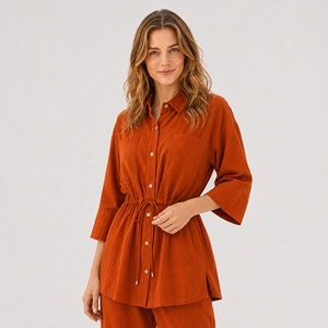 <span class=keywords><strong>Camicetta</strong></span> Casual da Donna 2026 Estiva Autunnale <span class=keywords><strong>Arancione</strong></span> in Viscosa Lavorata a Maglia con Collo Alto, Vestibilità Ampia, Vita con Coulisse e Maniche a 3/4 con Bottoni - Product Image 4