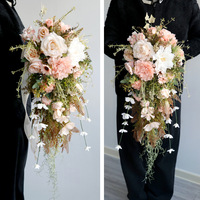 Meilleure vente transfrontalière : Bouquet de mariée réaliste en soie, style goutte d'eau, cascade allongée, noué à la main, pour mariages en extérieur et séances photo