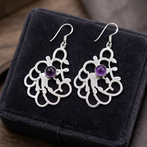 <b>Silver</b> <b>Drop</b> <b>Earrings</b> with Geometric Amethyst Design Handmade Ethnic Jewelry From Rajasthan Unisex Wholesale - Product Image 3