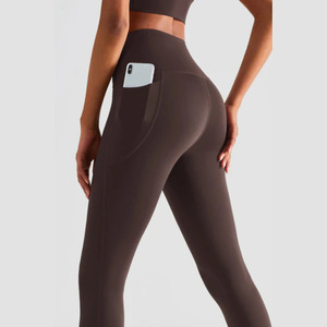Pantalon de yoga taille haute à séchage rapide pour femme, sans couture, en Spandex/Nylon, extensible dans les 4 sens, avec poches, pour l'entraînement - Product Image 1