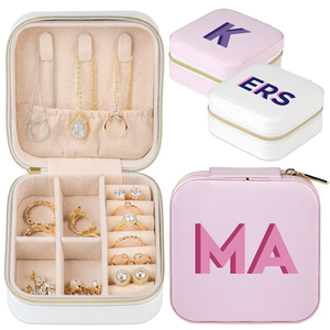 Estuche de Viaje Pequeño de Piel Sintética para Joyas con Logotipo Personalizado, Organizador de Joyas de Terciopelo Mini, en Blanco, Morado y Rosa, con Cremallera para Collares - Product Image 3