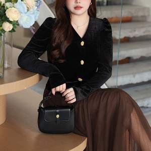 Vestido de Noche de Terciopelo Runqi, Estilo Sirena, Cuello en V, Manga Larga, Talla Grande, Vestido Formal Negro con Botones Dorados, Elegante Vestido de Fiesta - Product Image 2