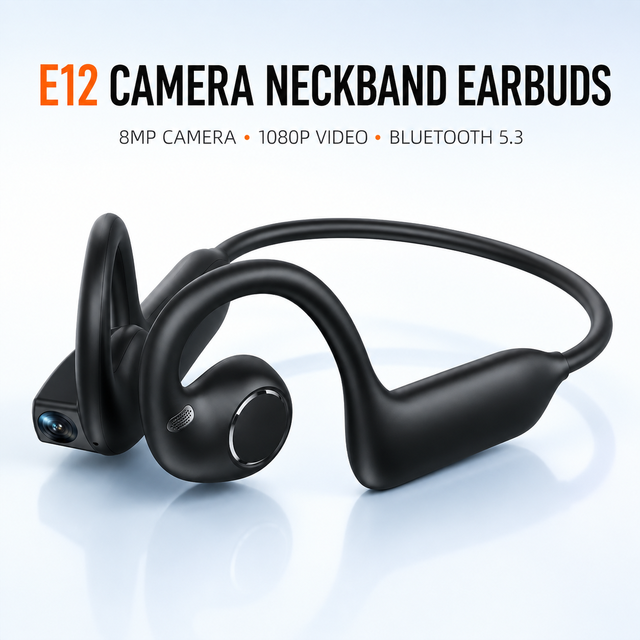 2026 E12 Camera Neckband Earbuds 8MP 1080P Recording AI Translation for 5.3 HiFi Sound Anti-shake ENC IPX5 Sports