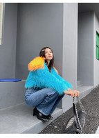 Veste tendance bicolore en vraie fourrure de mouton tibétain pour femme, bleu ciel et orange, manteau en fourrure de mouton de Mongolie bouclée, véritable fourrure de mouton brun.