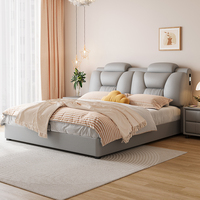 Lit capitonné moderne en cuir de luxe italien JUNYUHAO avec rangement, éclairage intégré et cadre ergonomique en pin – Tailles Queen et King
