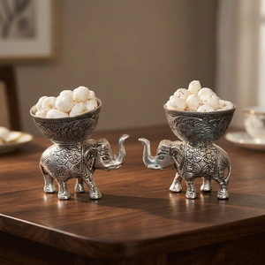Traditional Silver Embossed Elephant Pedestal <b>Bowl</b> Modern Luxury Carved <b>Metal</b> Handmade Decorative Tableware For Home - Product Image 4