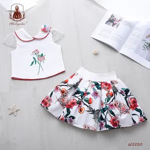 新款图案衬衫 + 裙子儿童服装白色红色花朵印花休闲儿童女孩服装与蕾丝袖