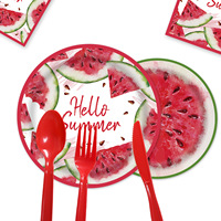 Wassermelonen-Themen-Party-Geschirr Einweg-Rote Fruchtmuster-Pappteller Becher Tischdecke - Festlicher Stil Sommerparty