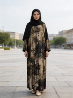Abaya Bohème pour Femmes Musulmanes, Robe Longue Décontractée d'Été à Manches Longues, Motif Géométrique Ethnique, Style Dubaï, Modeste, en Polyester