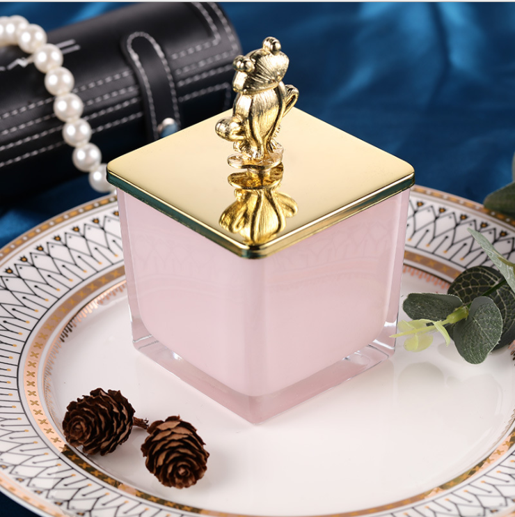 Luxury Empty Glossy White Matte Black Square Glass Candle Vessel with Gold Metal Lid