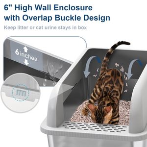 Gemakkelijk te reinigen semi-gesloten kattenbak moderne behuizing grote roestvrijstalen kattenbak met schep en mat - Product Image 3