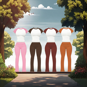 Conjunto de dos piezas con mangas raglán para mujer, Top corto de manga corta, pantalones de cintura alta, traje deportivo de color sólido para todas las estaciones - Product Image 3