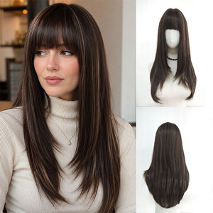 Pelucas sintéticas largas y rectas <span class=keywords><strong>de</strong></span> <span class=keywords><strong>color</strong></span> marrón oscuro con flequillo, resistentes al calor, ajustables, sin pegamento, <span class=keywords><strong>de</strong></span> fábrica, venta al por mayor, OEM/ODM - Product Image 2