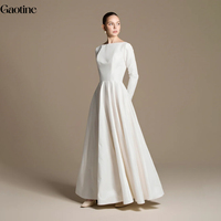 Robe de soirée formelle plissée longue en satin crème à col bateau et manches longues pour femme, coupe trapèze, sur mesure OEM ODM, vente en gros