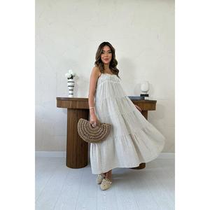 Vestido Casual Diario de Muselina Marrón a Rayas con Tirantes Finos, Cintura Elástica y Volantes, Tejido Transpirable, Holgado y de Venta al por Mayor - Product Image 2