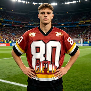 Jersey de Fútbol Americano Personalizado al por Mayor con Estampado de Llamas, Logotipo en Degradado, Malla con Parches, Estilo Retro, Cuello en V, Ropa Deportiva Casual - Product Image 3