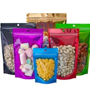 Bolsa con cierre de cremallera autoportante colorida, bolsa plateada de aluminio para comida, té, flor de caramelo, Agujero colgante, Seale apretado de papel de aluminio