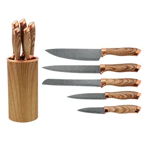 new design golden supplier professional wholesale 6pcs kitchen cooking stainless steel knives knife set with wooden block