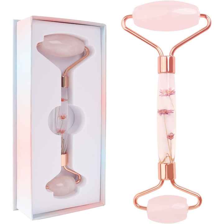 Raffaello Natural Pink Facial Roller Jade Massager for Redness Reduction on Face Eyes Neck-Rose Quartz