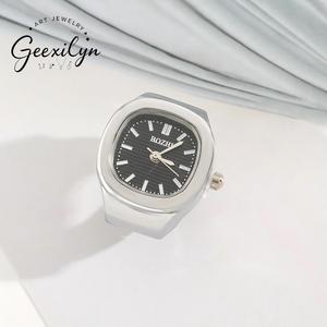 Reloj de Anillo Rectangular de Lujo, Acero Inoxidable, Unisex, Se Puede Ver el Tiempo - Product Image 4