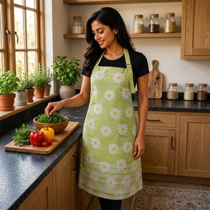 Tablier en mélange de coton et de lin de qualité supérieure, tablier à bretelles imprimé de marguerites vertes avec bordure décorative rayée, tablier de cuisine réglable - Product Image 4