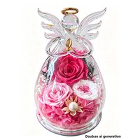 Rose éternelle sous cloche en verre, petit ange, cadeau de la Saint-Valentin, objet décoratif avec lumière, forme de dôme