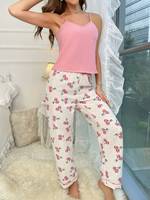 Ensemble pyjama deux pièces imprimé cerises douces ODM pour femme – Caraco romantique et pantalon imprimé – Tenue d'intérieur