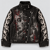 Blouson Biker Gothique Personnalisé pour Homme, Noir Délavé, Imprimé Graphique Vieilli, Brodé, Clouté, Streetwear, Vente en Gros B2B, Marque Privée
