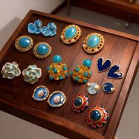 Anting Tusuk Wanita Vintage Biru Cyan Motif Bunga Retro Tetesan Minyak Tembaga Batu Alam Imitasi Mutiara Pesta Kelas Atas Buatan Pabrik