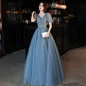 2376 elegante mujer Maxi longitud noche vestido de graduación lentejuelas princesa banquete anfitrión actuación disfraz