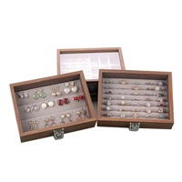 Boîte de présentation de bijoux en bois avec couvercle en verre, compartiments multiples, insert en velours, étui de rangement pour bagues et boucles d'oreilles