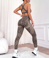 Pakaian Olahraga Wanita Motif Leopard Tanpa Jahitan, Logo Kustom, Pinggang Tinggi, Angkat Bokong, Set Yoga Fitness Gym