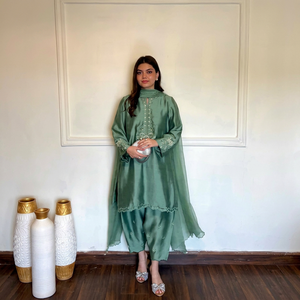 Green Embroidered Traditional Salwar Kameez Set High Neck Long Kurta Pagri for Wedding Party Diwali <b>Pakistani</b> Outfit - Product Image 1