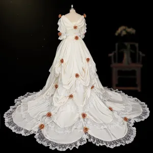 Vestido gótico Retro de satén champán para fiesta de boda para mujer, tren de corte, flores 3D, vestidos de noche en capas 2024 para mujer