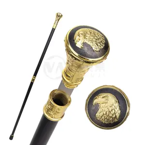 Gold Luxury Eagle Hawk Head Relief Walking Stick with Hidden Plate Self Defense Fashion Cane Plate Cosplay Crosier Stick 93cm