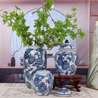 Ensemble de pots à gingembre en porcelaine bleue et blanche, motif feuille de Monstera, design Art Déco, pots en céramique écologiques, vase de table, décoration intérieure