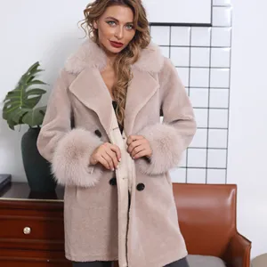 migliore cappotto di lana Suppliers-Cappotto in Shearling di pecora con polsino in vera pelliccia di volpe calda invernale da donna Vintage
